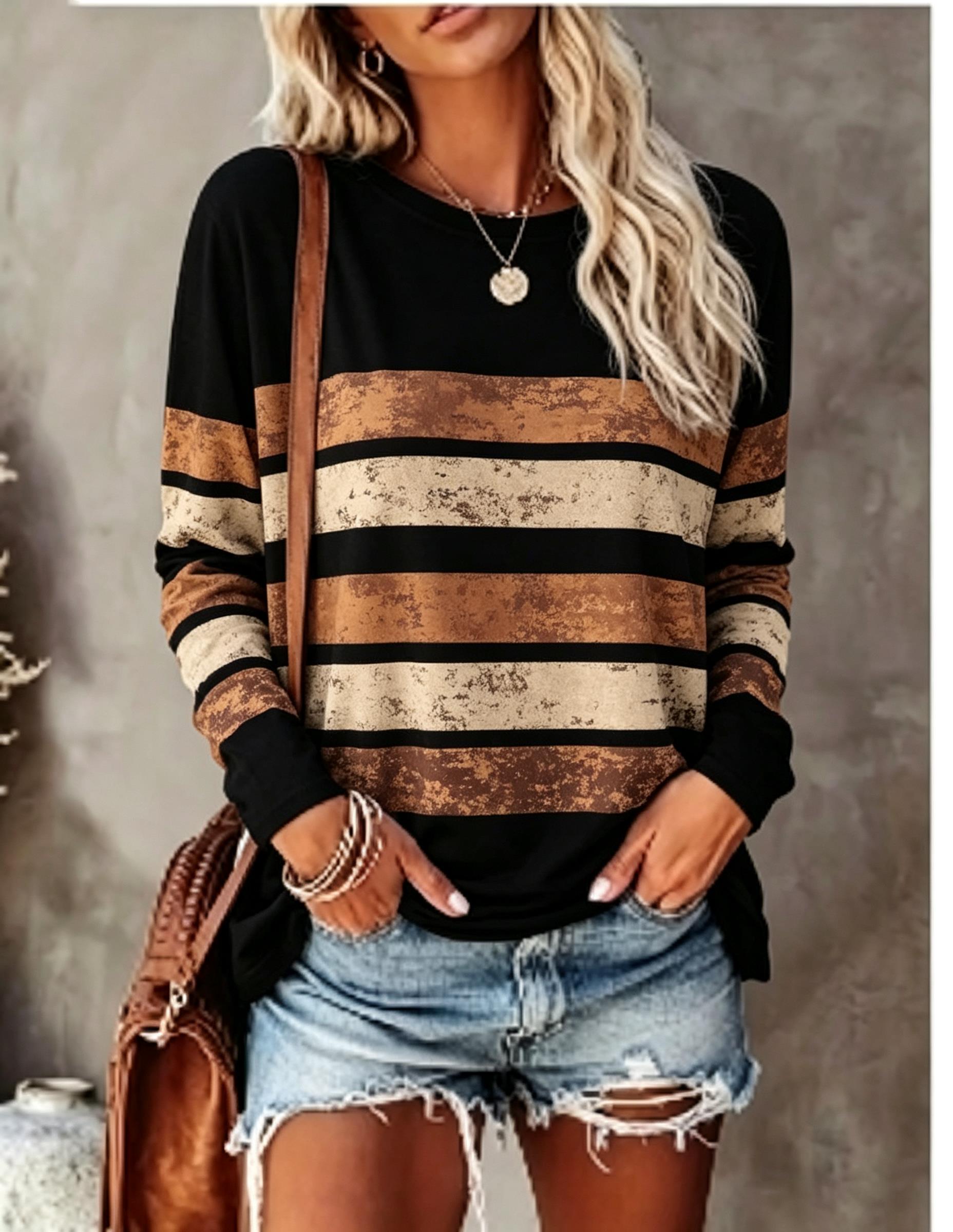 Blouses - Women Long Sleeve T‑Shirt Vintage Distressed