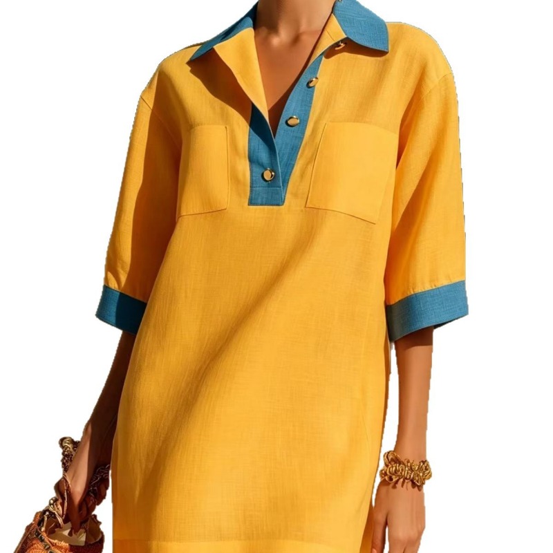 Women's Summer Elegant Contras - Casual Loose Linen Shirt Dress 评论和价格