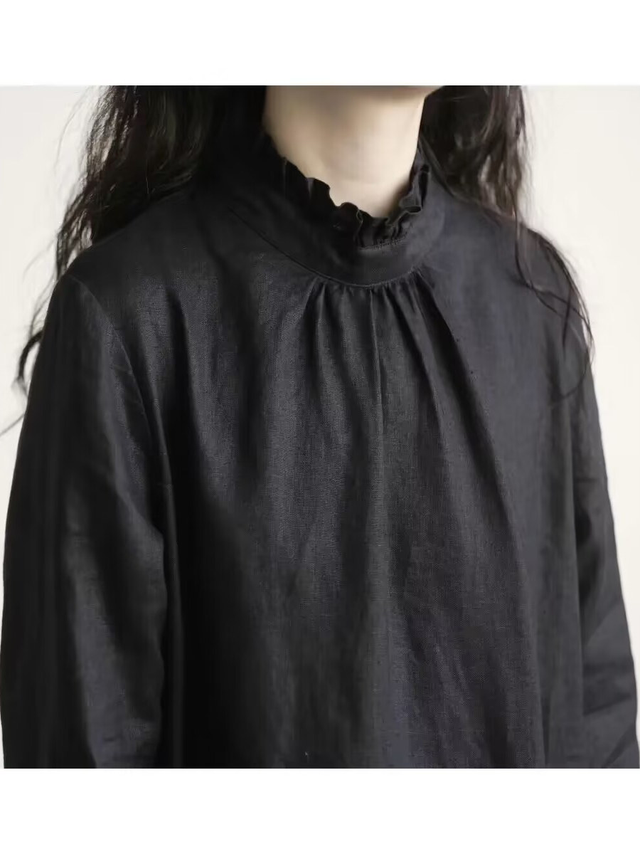 Black Lace Collar Long Sleeve  - Casual Loose Linen Shirt Dress 评论和价格