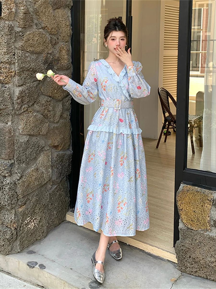 French Romantic Style Lantern  - French Vintage Floral Midi Dress 评论和价格
