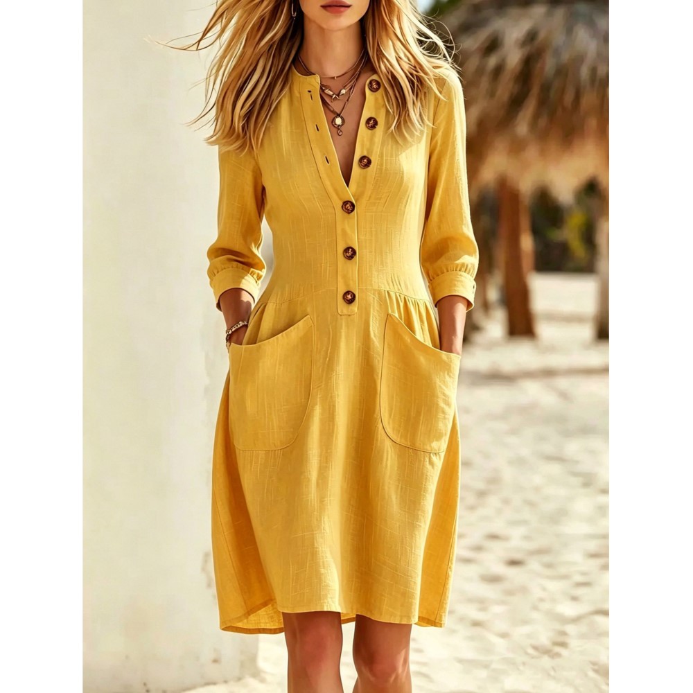 Fashion Imitation Buttons Line - Casual Loose Linen Shirt Dress 评论和价格