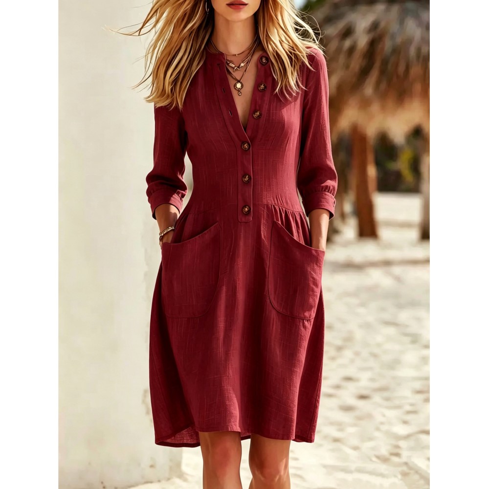 Fashion Imitation Buttons Line - Casual Loose Linen Shirt Dress 评论和价格