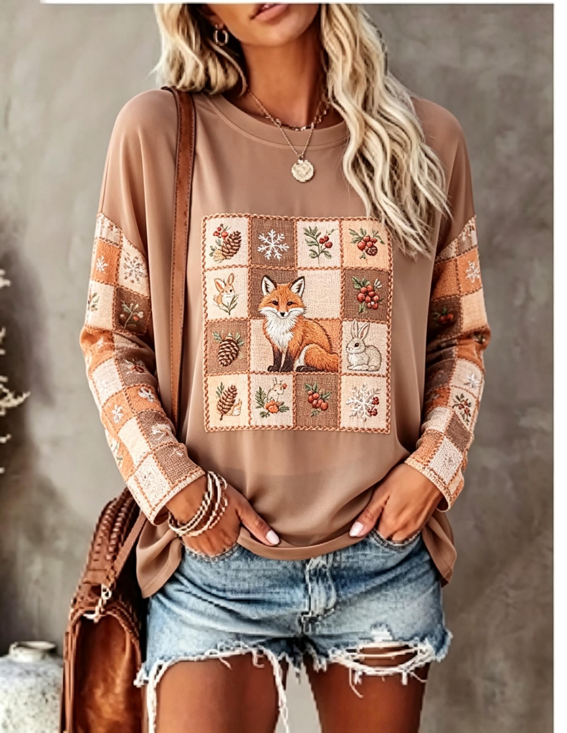 Women Long Sleeve T Shirt Fox  - Blouses 评论和价格