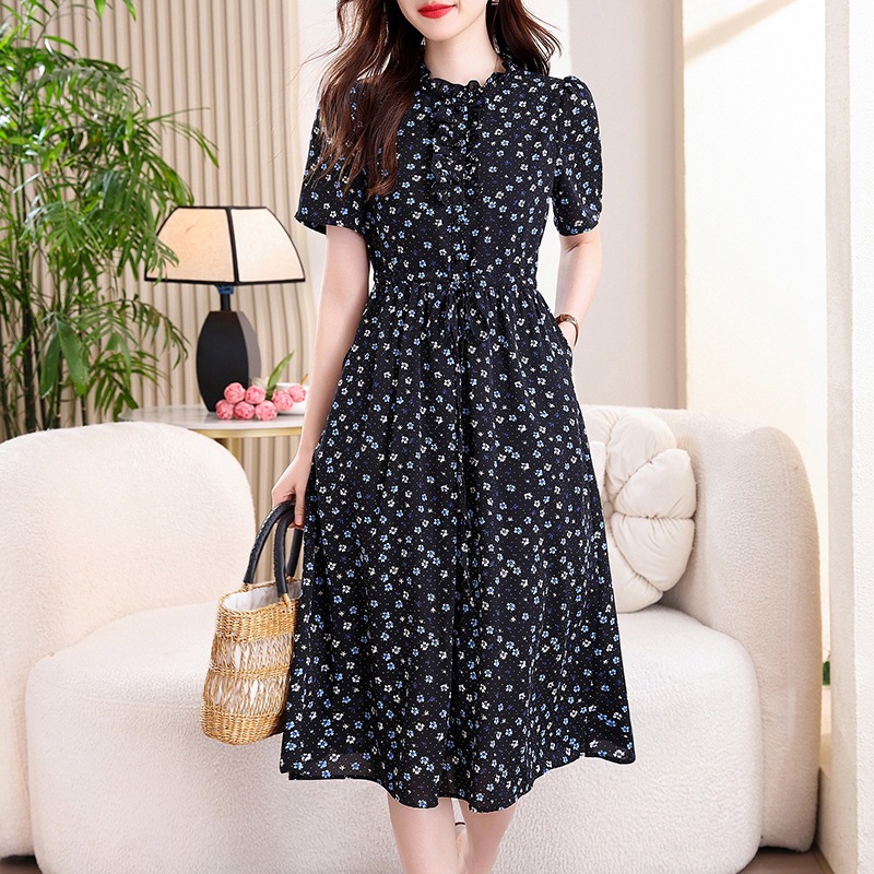 Vintage Navy Blue Floral Print - French Vintage Floral Midi Dress 评论和价格