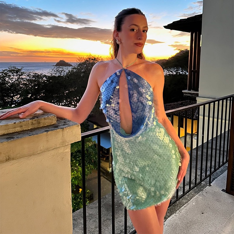 ONE TO WAN Women Y2K Sequin Be - Y2K Backless Halter Mini Dress 评论和价格